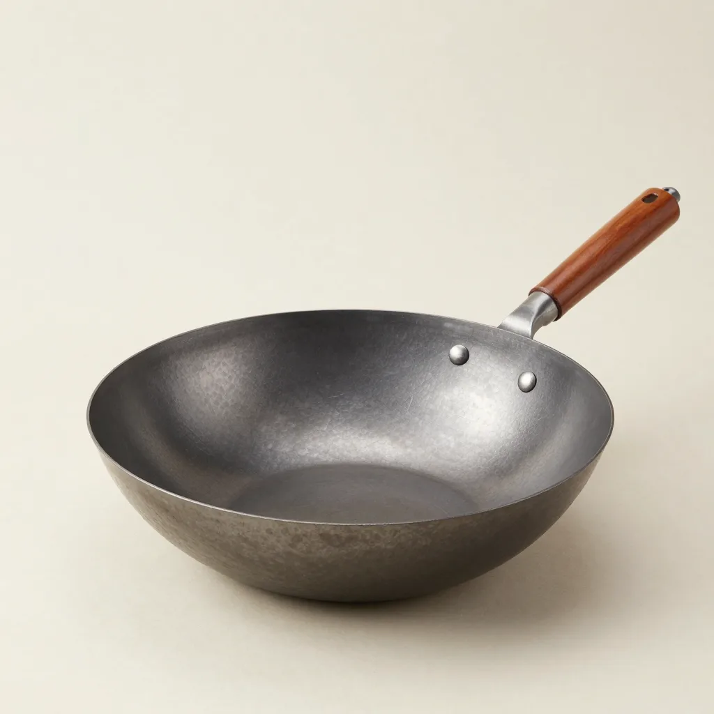 A smaller hand-hammered carbon steel wok
