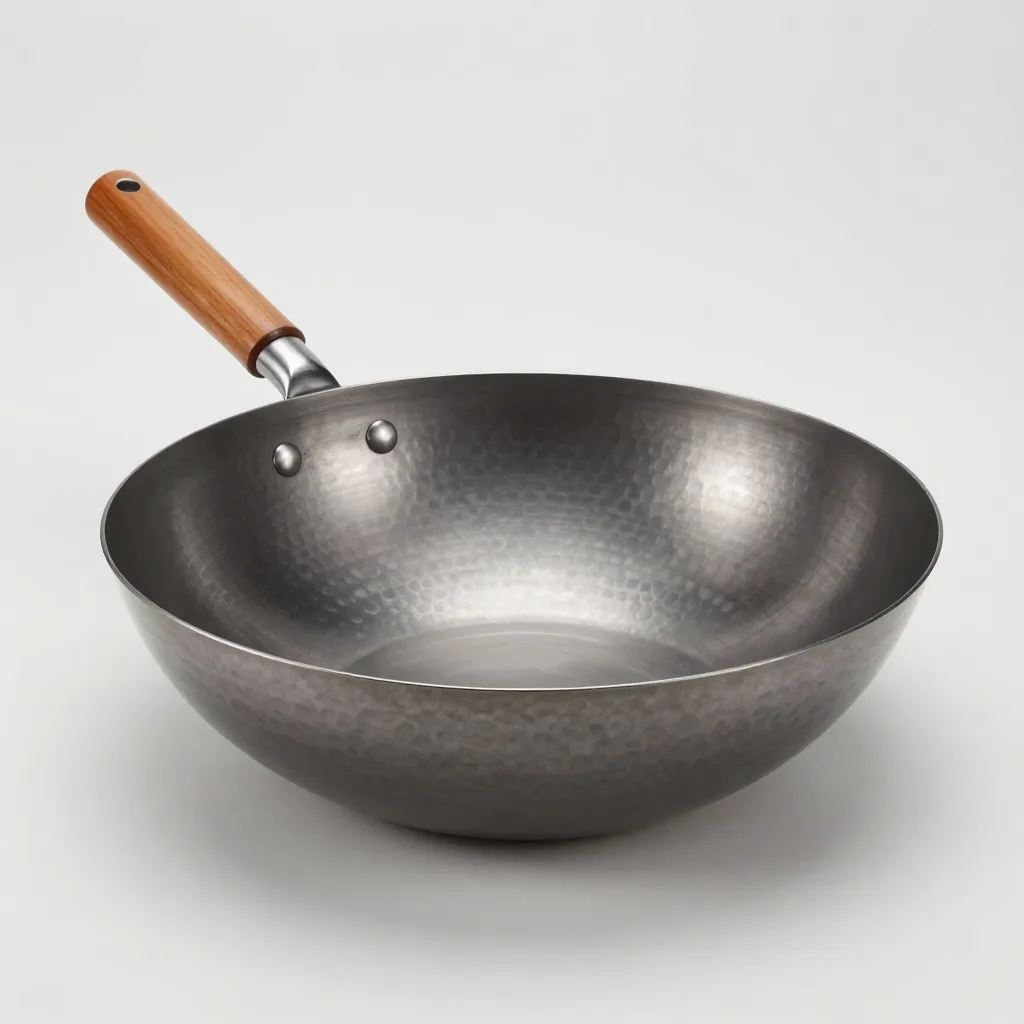 A wide hand-hammered carbon steel wok
