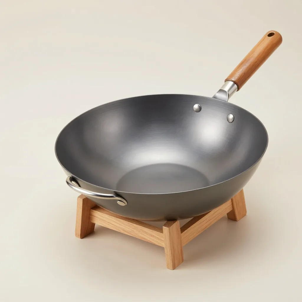 A steel wok ring and wooden stand