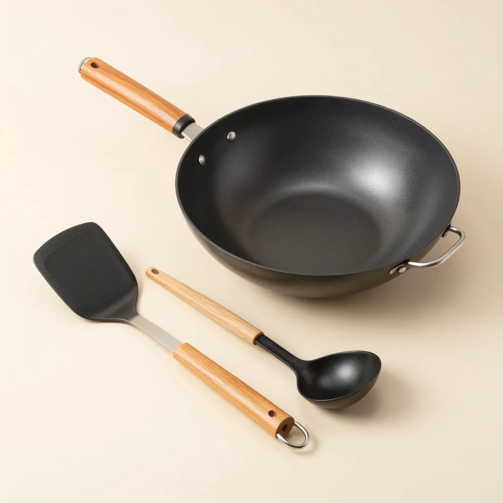 A wok starter set with wok, spatula, ladle and ring